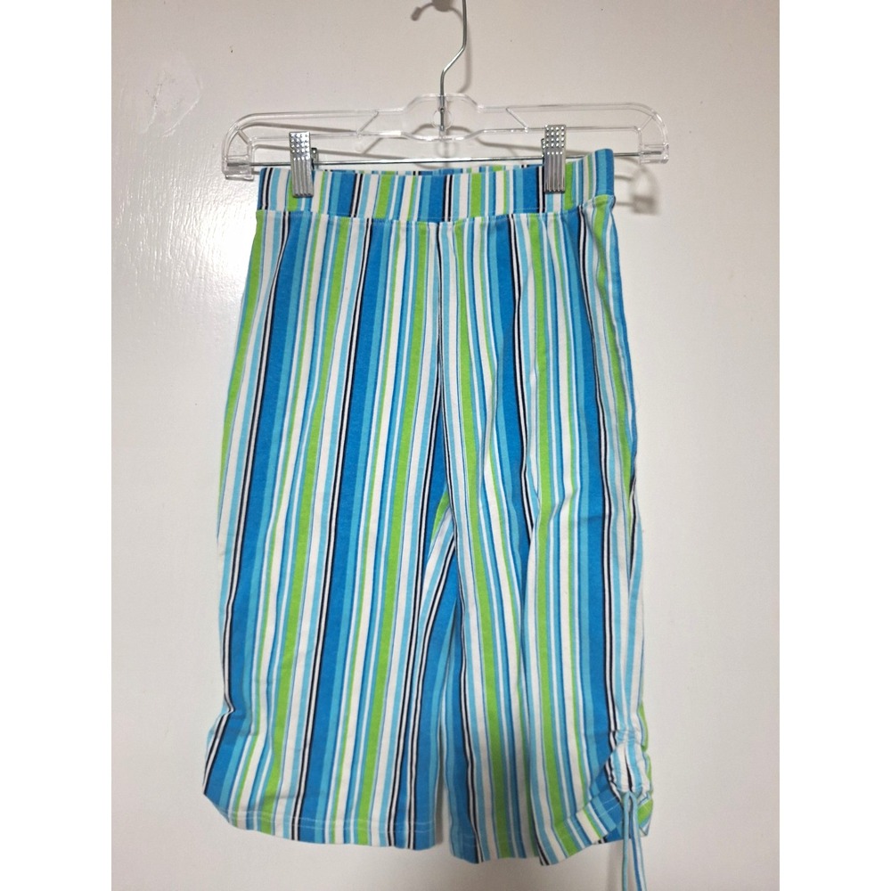 Total Girl Girls Size 10 Capris Y2K Vintage Blue Green Striped Cinch Hem